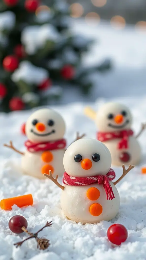 Three snowman cheese balls with carrot noses and pretzel stick arms, set against a snowy background.