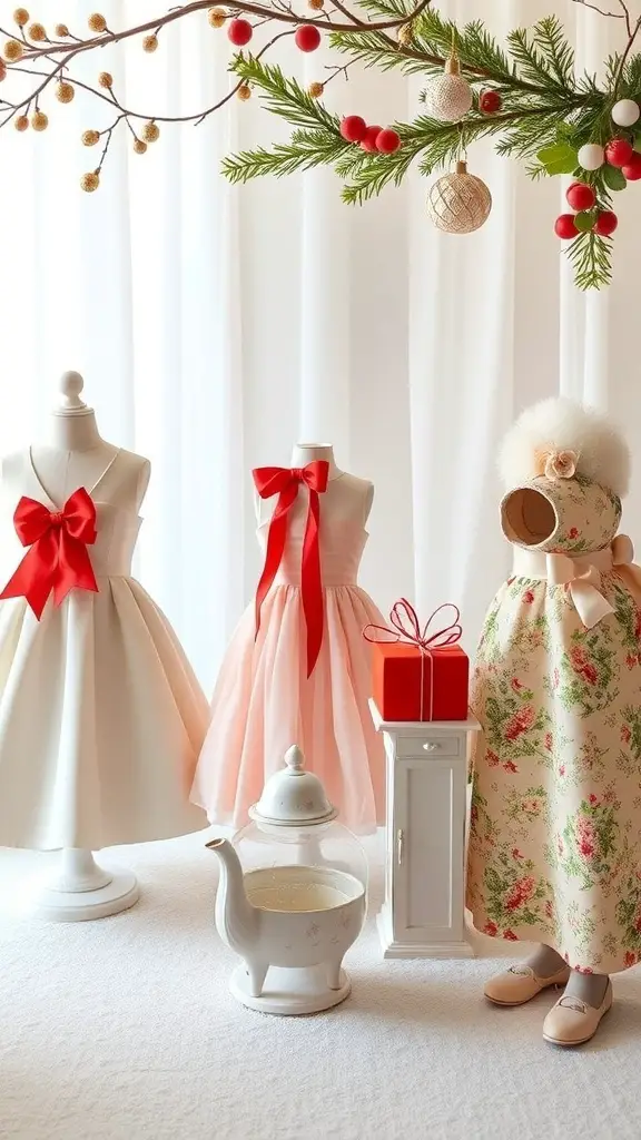 Three elegant dresses with red bows displayed on mannequins, accompanied by a white teapot and festive decorations.