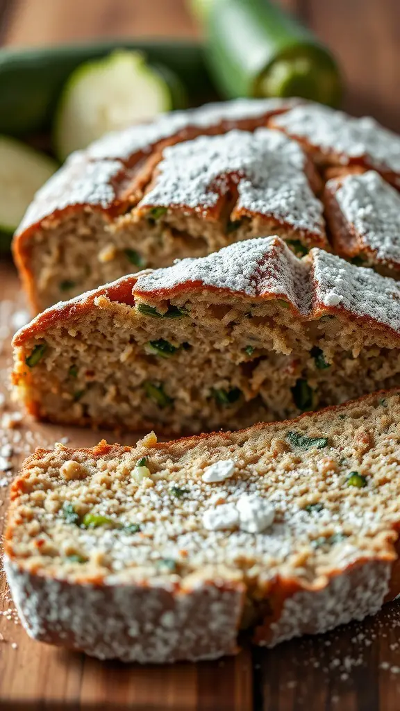 A loaf of zucchini bread with powdered sugar on top, sliced to show the moist interior.