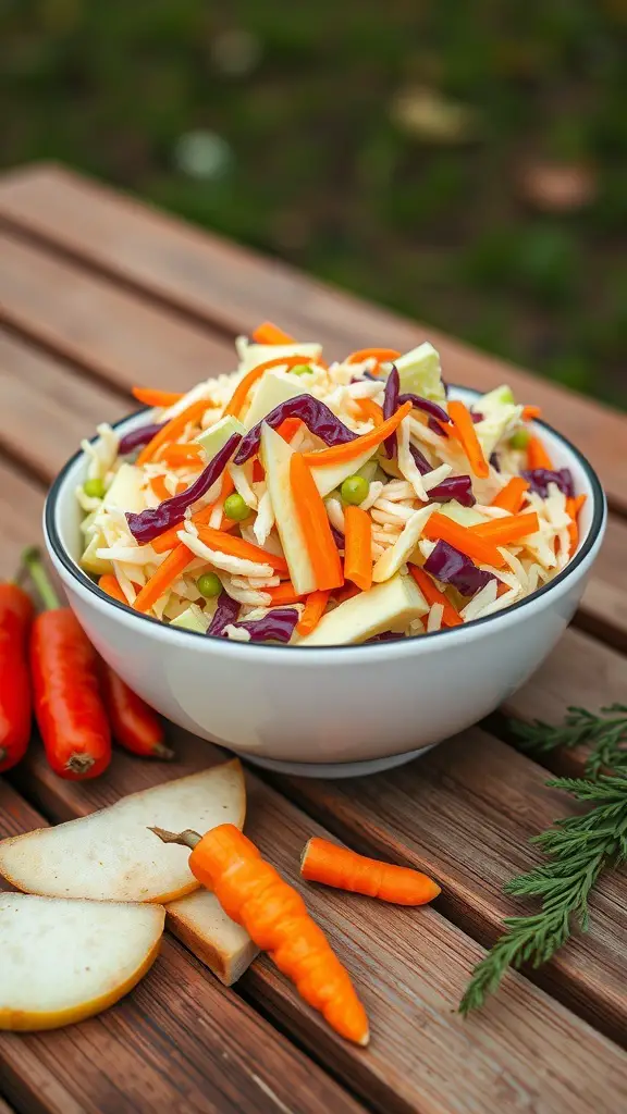 A bowl of colorful coleslaw with shredded cabbage, carrots, and apples on a wooden table.