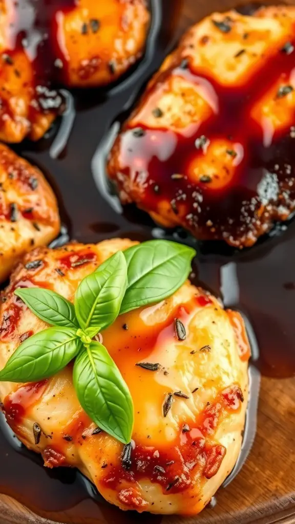 Balsamic glazed chicken thighs garnished with fresh basil