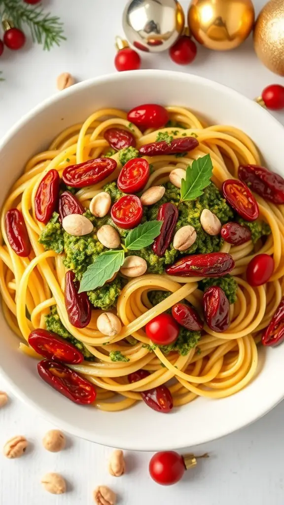 A bowl of festive pesto pasta topped with sun-dried tomatoes and nuts, surrounded by holiday decorations.