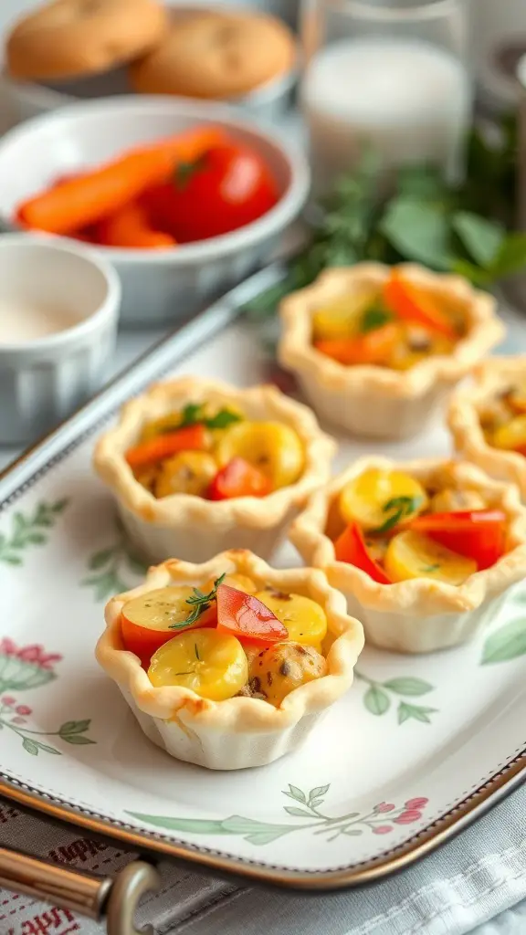 Mini quiche biscuit cups filled with colorful vegetables on a decorative plate.