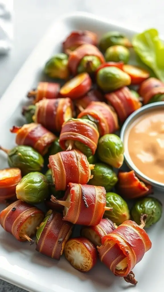 A platter of bacon-wrapped Brussels sprouts with a dipping sauce