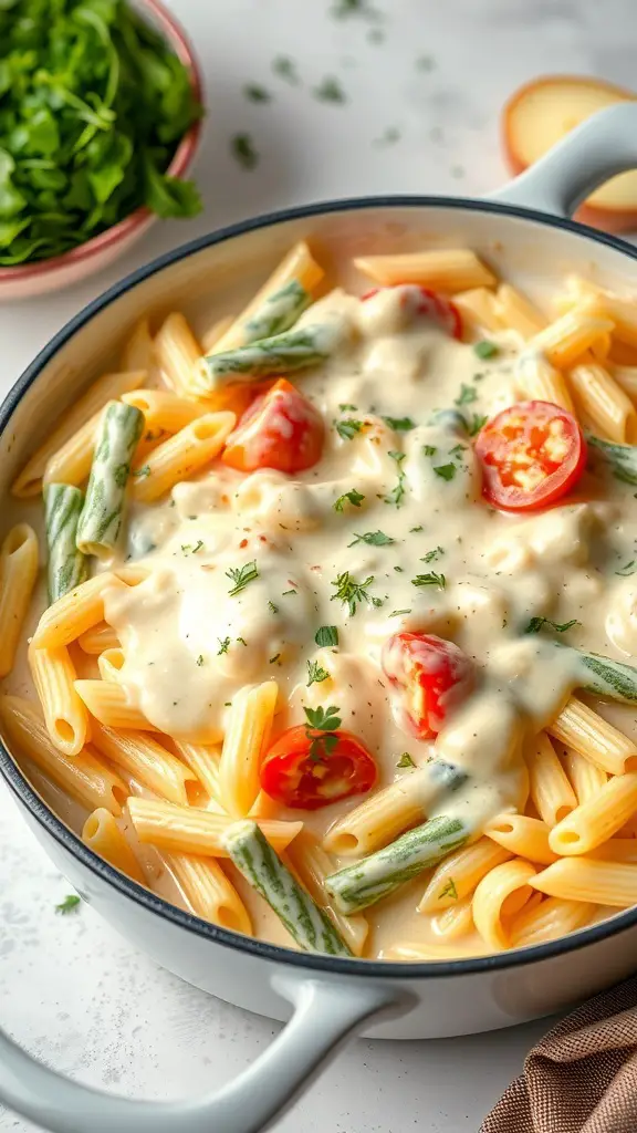 A creamy one-pot Alfredo casserole with pasta, green beans, and cherry tomatoes.