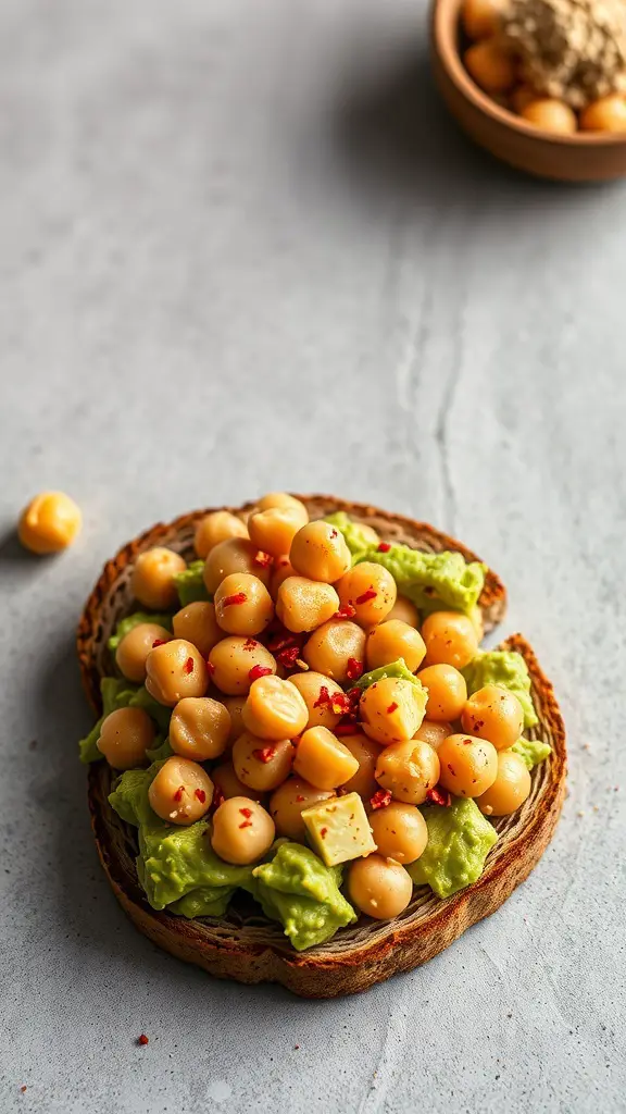 Chickpea and avocado toast topped with chickpeas and chili flakes on a slice of bread.