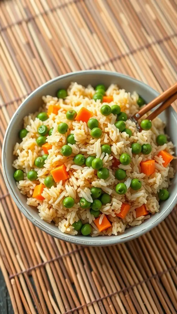 A bowl of egg fried rice with peas and carrots
