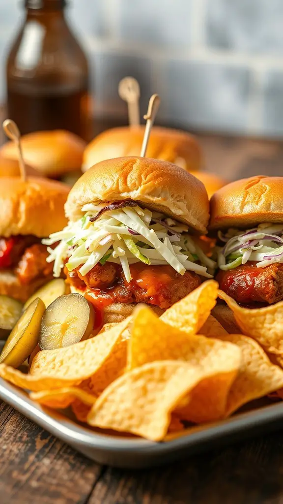 Barbecue turkey sliders with coleslaw, served with tortilla chips and pickles.