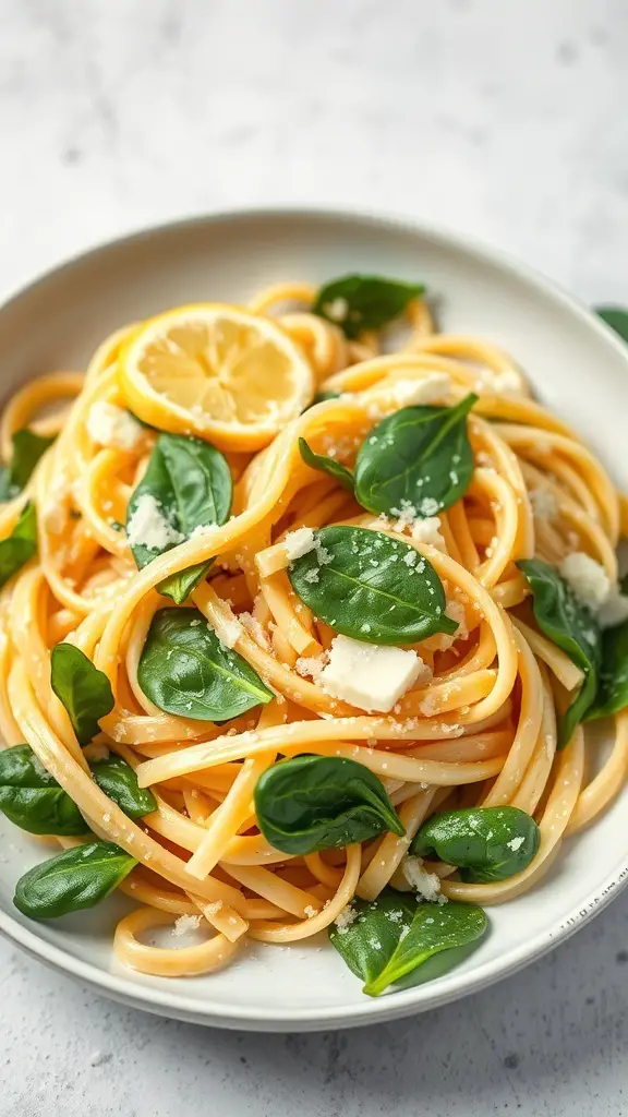 A plate of pasta with lemon slices and fresh spinach