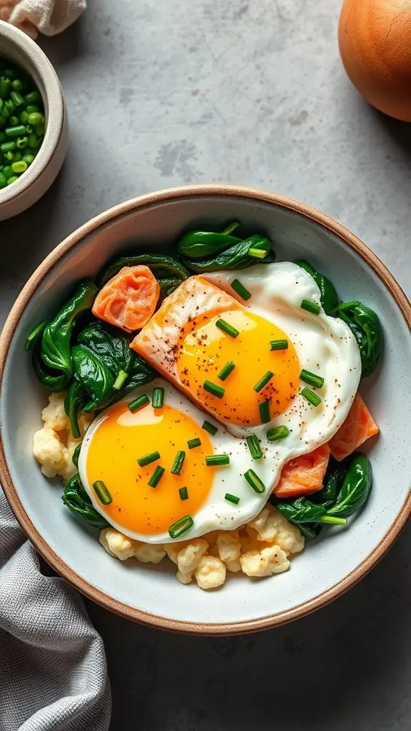 A bowl of salmon and eggs with spinach and chives