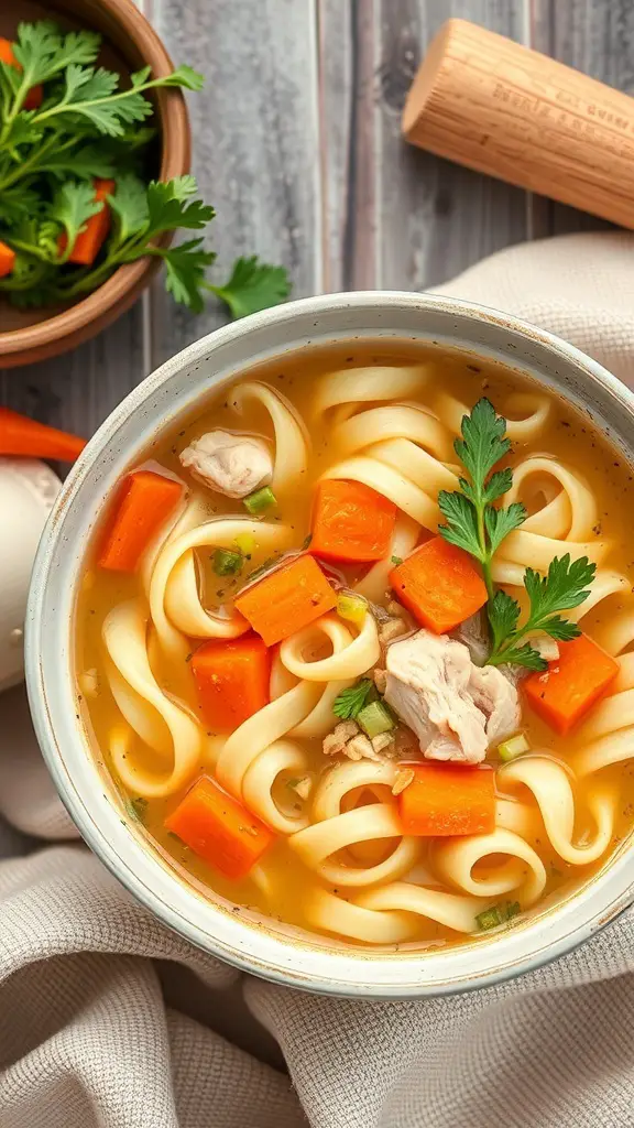 A bowl of classic chicken noodle soup with noodles, chicken, carrots, and herbs.