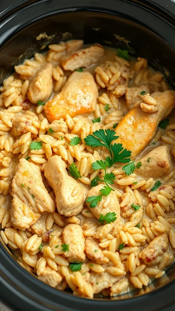 A close-up of creamy chicken and wild rice in a crockpot, garnished with fresh herbs.
