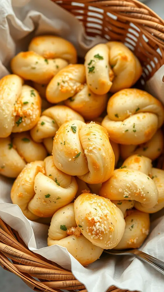 A basket filled with garlic Parmesan knots, freshly baked and golden brown.