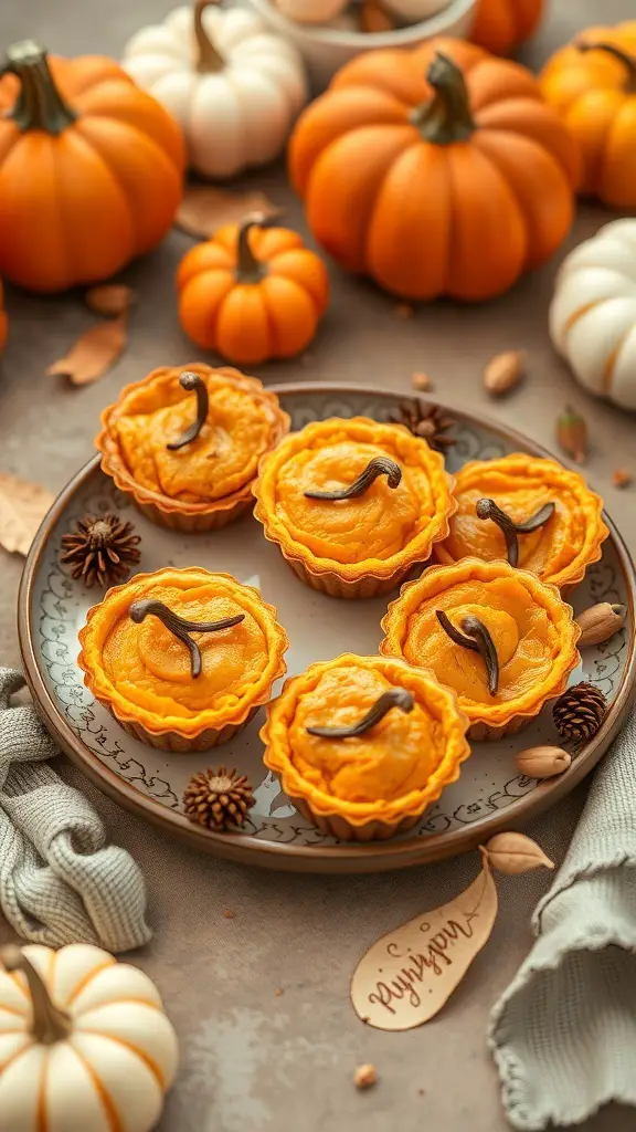 A plate of mini pumpkin quiches surrounded by small pumpkins and autumn decorations.