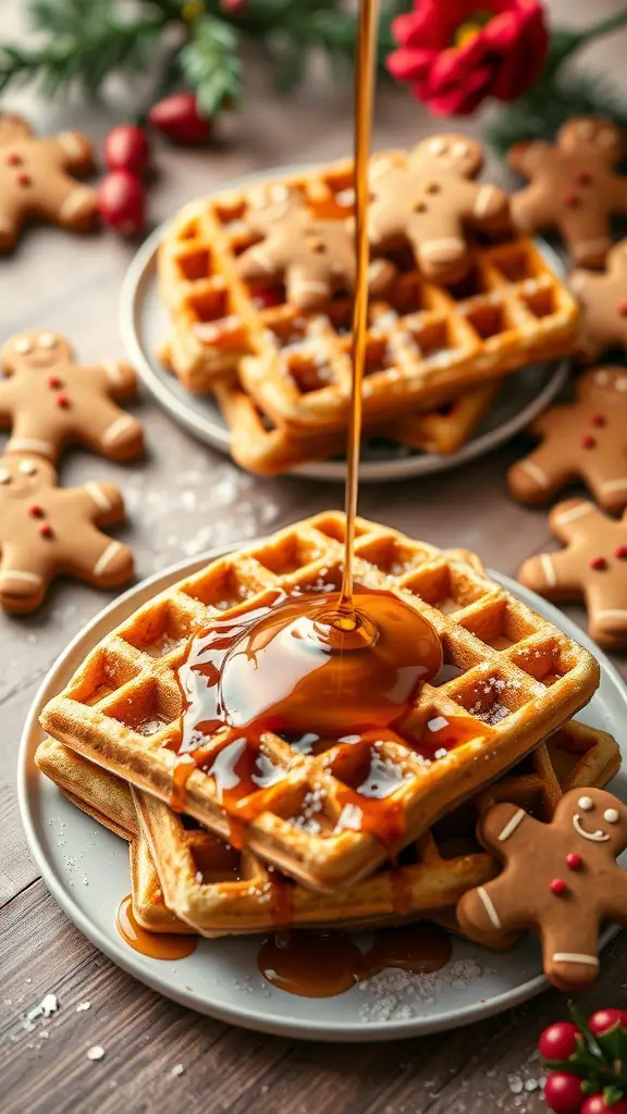 Gingerbread waffles topped with maple syrup and gingerbread cookies on the side.