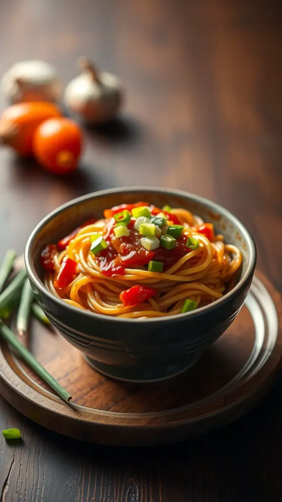 A bowl of chili garlic noodles topped with green onions, with tomatoes and garlic in the background.