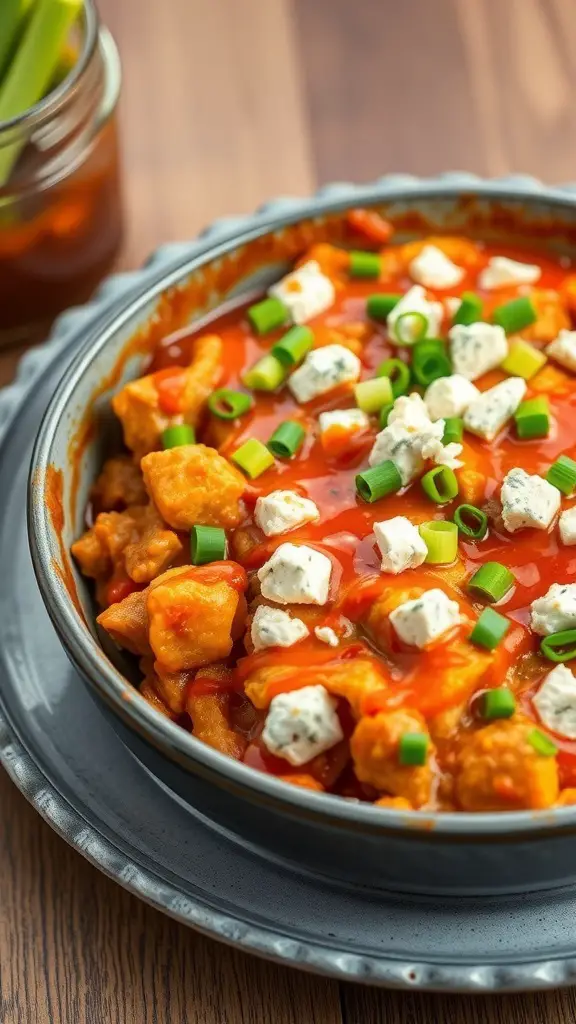 A delicious Buffalo Turkey Casserole topped with green onions and blue cheese.