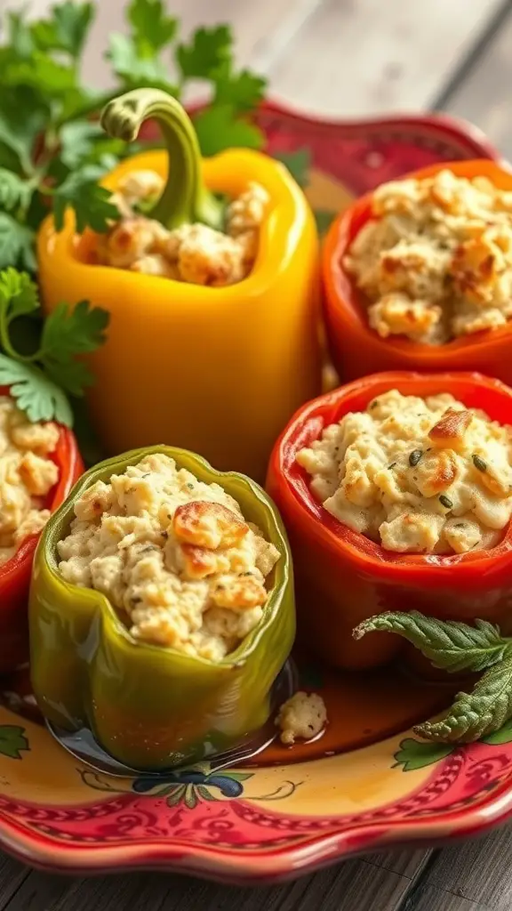 Colorful stuffed peppers filled with a creamy biscuit mixture on a decorative plate.