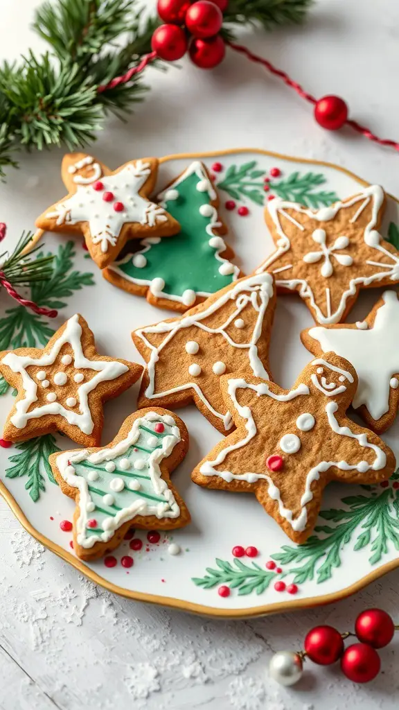 A plate of decorated gingerbread cookies in festive shapes