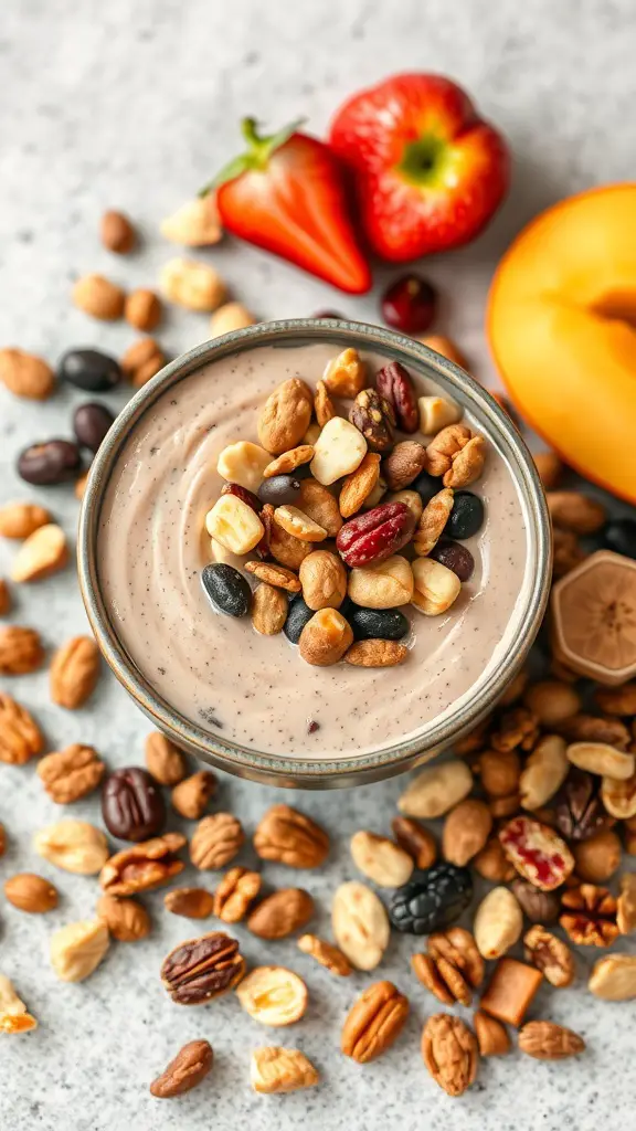 A smoothie bowl topped with a variety of nuts and seeds, surrounded by fresh fruits.
