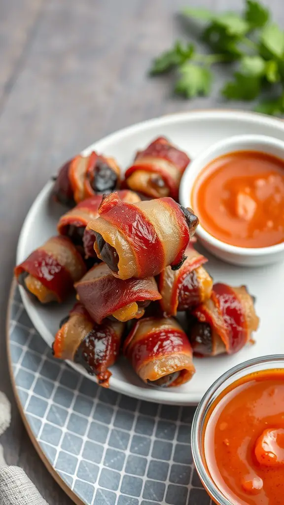 A plate of crispy bacon-wrapped dates served with dipping sauce.