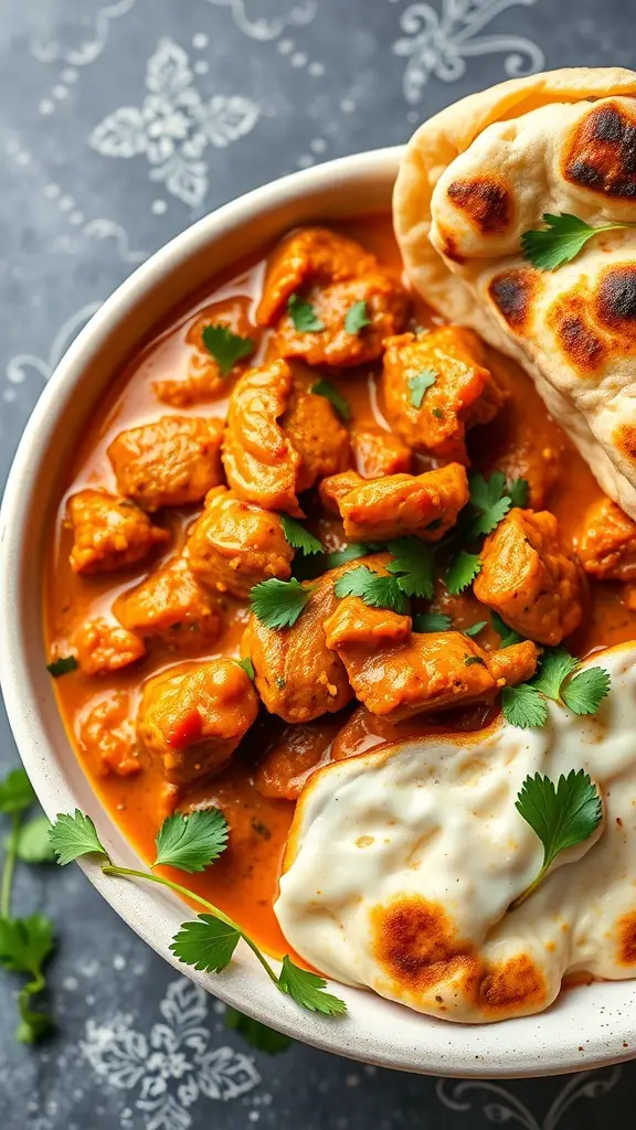 A bowl of Chicken Tikka Masala with naan and garnished with cilantro