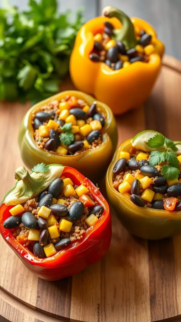 Colorful stuffed bell peppers filled with black beans, corn, and spices on a wooden platter