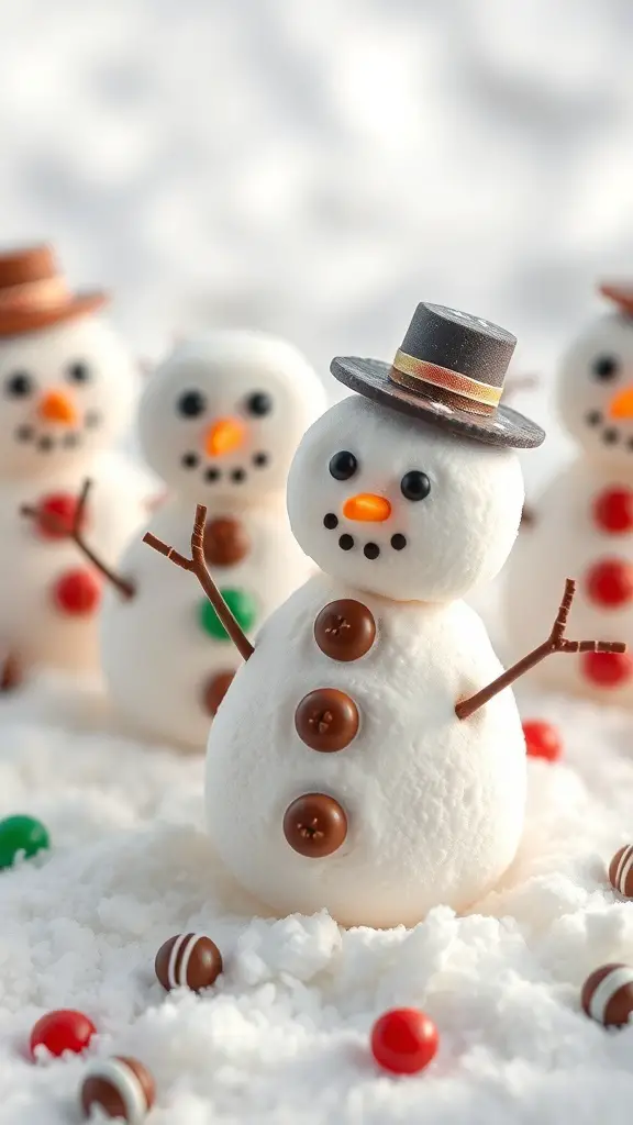 Cute marshmallow snowmen decorated with candies and pretzel sticks.