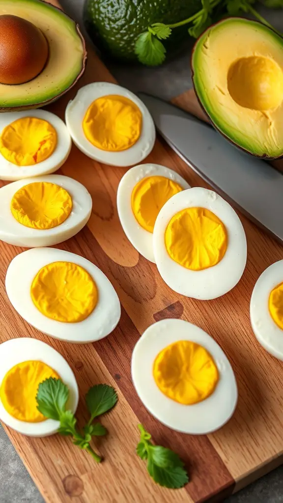 Hard-boiled eggs sliced in half with avocado on a wooden cutting board, garnished with cilantro.