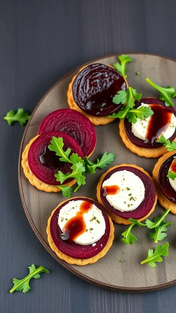 A plate of roasted beet and goat cheese canapés garnished with herbs