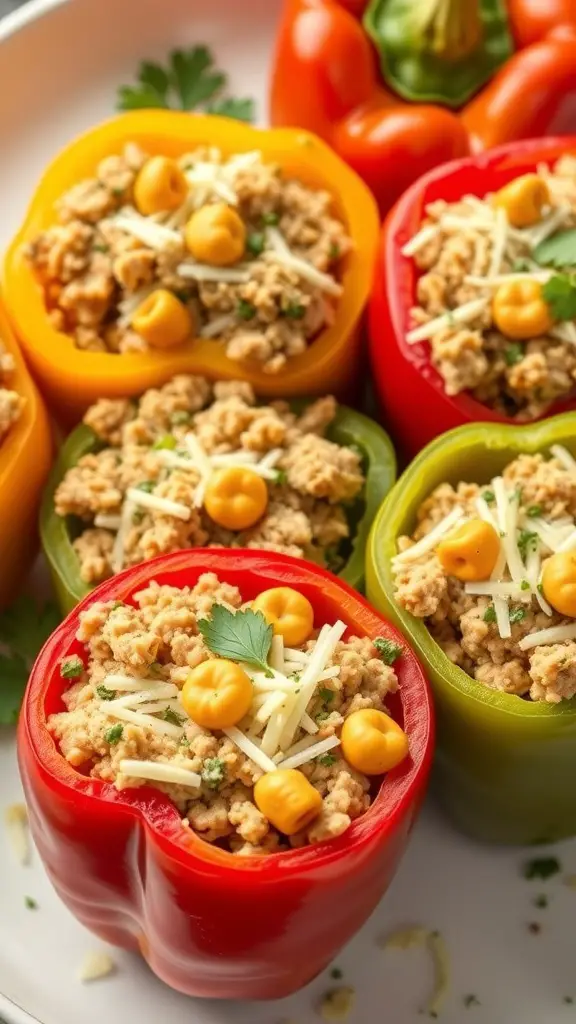 Colorful stuffed bell peppers filled with ground turkey and cheese
