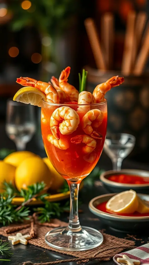 A glass of spicy shrimp cocktail garnished with lemon and herbs, surrounded by lemons and cocktail sauce.