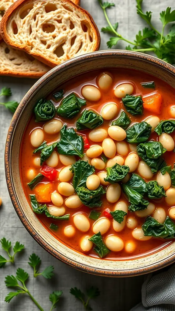 A bowl of Tuscan White Bean and Kale Stew with slices of bread on the side.