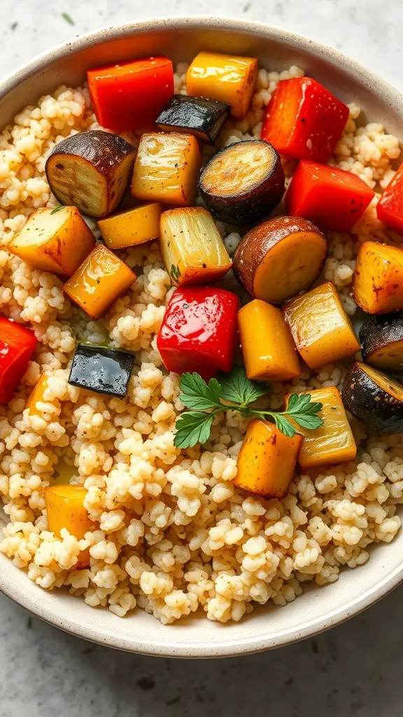 A bowl of couscous topped with colorful roasted vegetables.