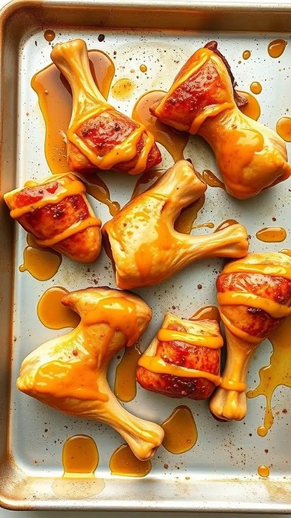 Maple mustard glazed turkey drumsticks on a baking sheet