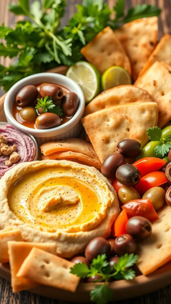 A Mediterranean Hummus Platter featuring hummus, pita chips, olives, cherry tomatoes, and lime wedges.