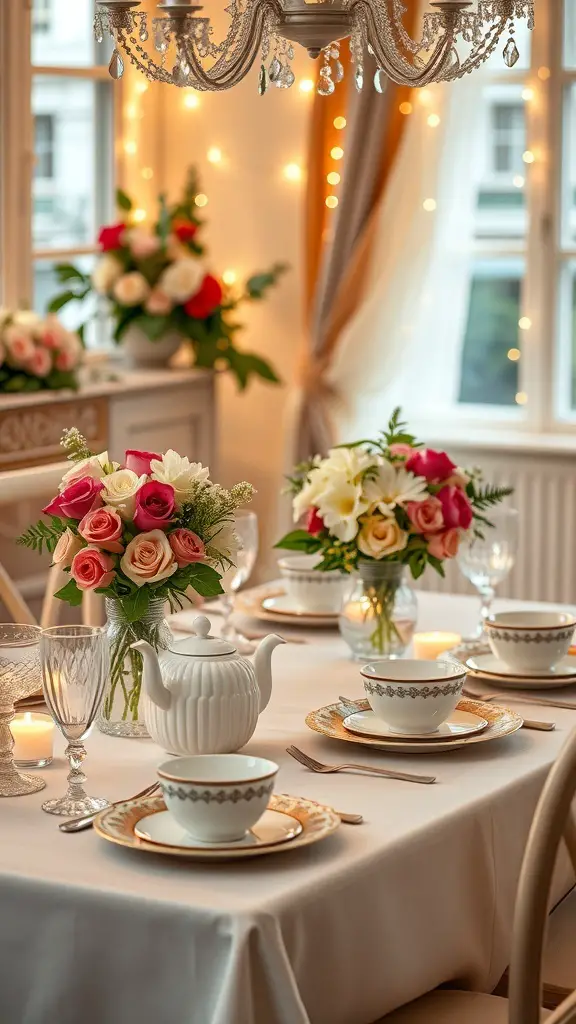 A beautifully set tea party table with a teapot, cups, and floral arrangements.