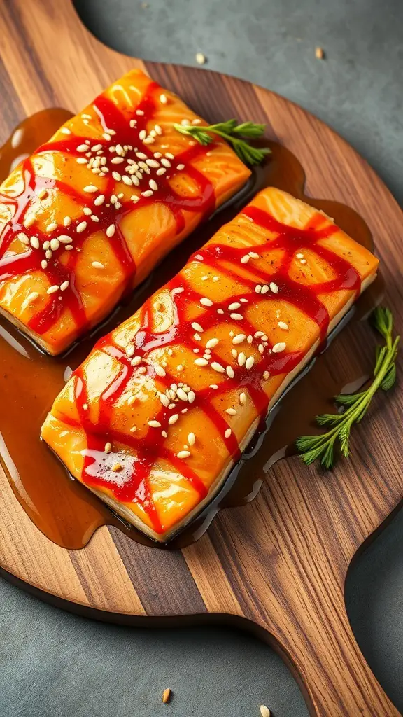 Maple glazed salmon fillets on a wooden board