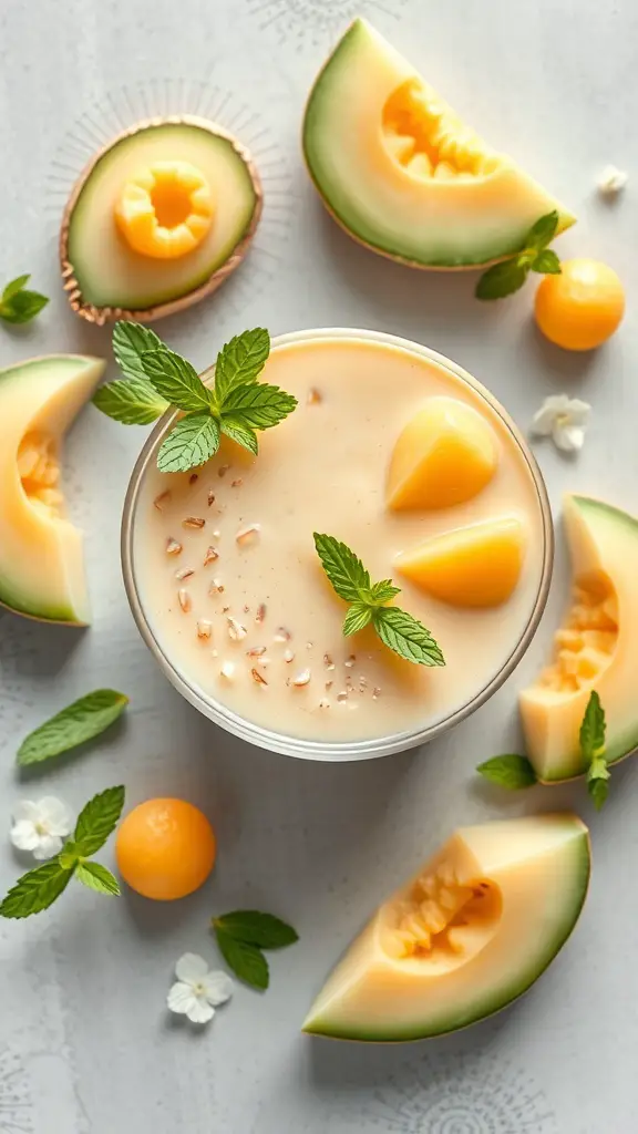 A smoothie bowl made with honeydew melon, topped with melon pieces, mint leaves, and granola.