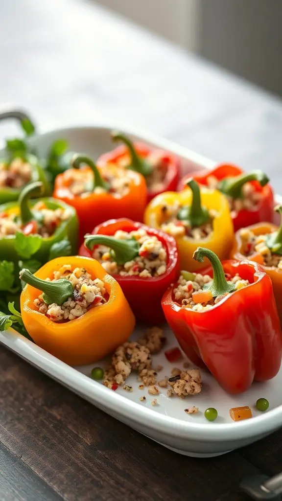 A platter of stuffed mini peppers filled with quinoa and other ingredients, showcasing vibrant colors.