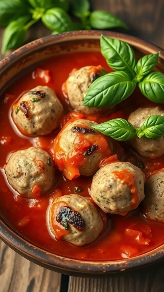 A bowl of herbed turkey meatballs in rich tomato sauce, garnished with fresh basil leaves.