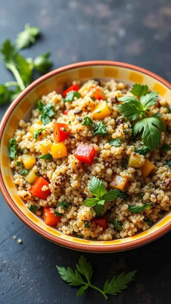 A colorful bowl of blended vegetable quinoa with bell peppers, carrots, and parsley.
