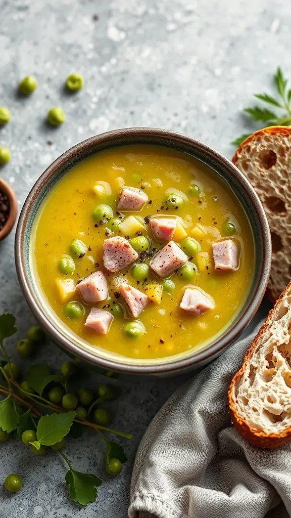 A bowl of classic split pea soup with ham, green peas, and bread on the side.