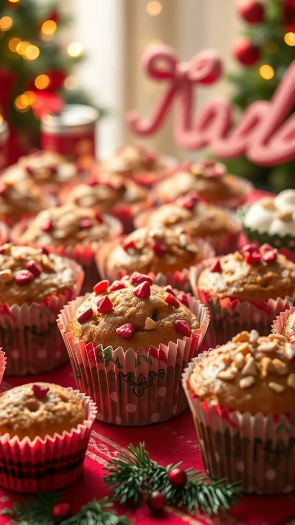 A festive display of Christmas morning muffins decorated with colorful toppings.