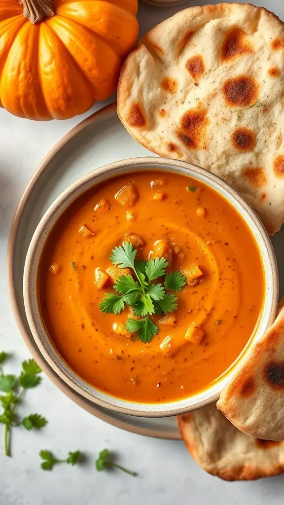 A bowl of curried pumpkin and lentil soup topped with cilantro, accompanied by naan bread and a small pumpkin.