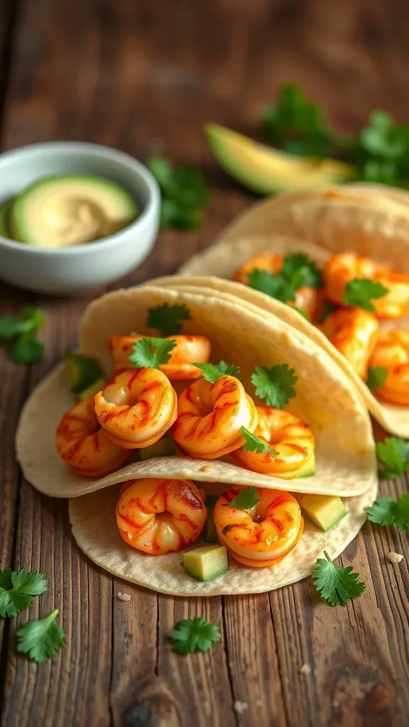 Mini tortillas filled with spicy shrimp, avocado, and cilantro on a wooden surface.