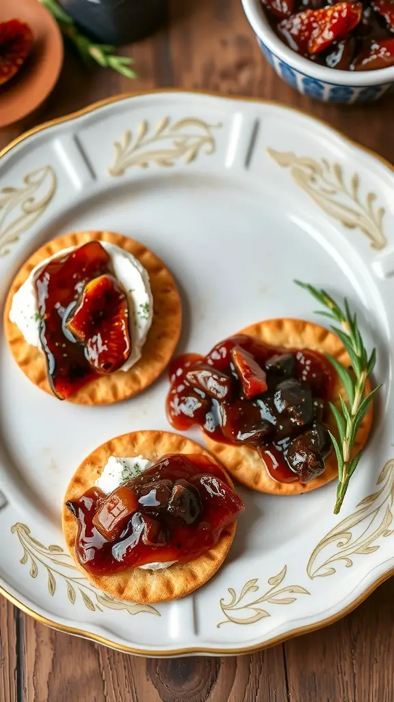 Triscuit crackers topped with herbed goat cheese and fig jam on a decorative plate.