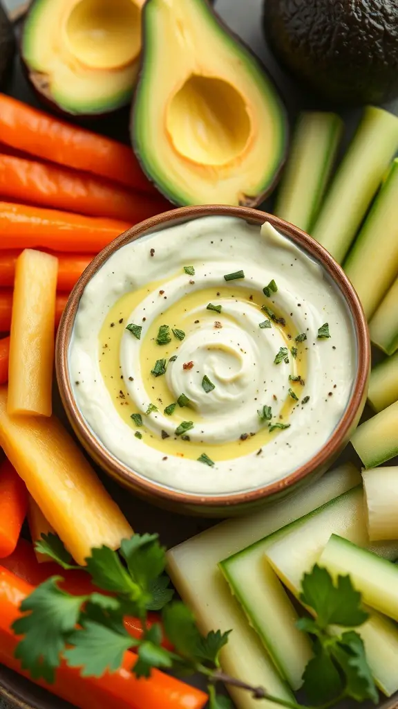 A bowl of smooth avocado and yogurt dip surrounded by fresh vegetables like carrots and cucumbers.