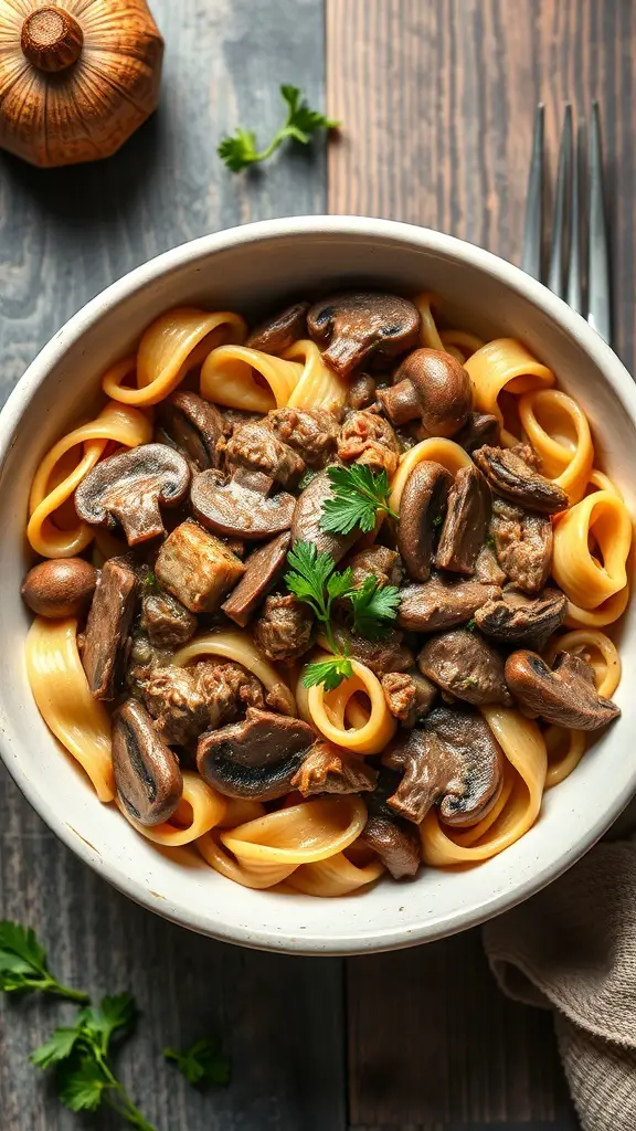 A bowl of Beef Stroganoff One Pot Pasta with mushrooms and beef, garnished with parsley.
