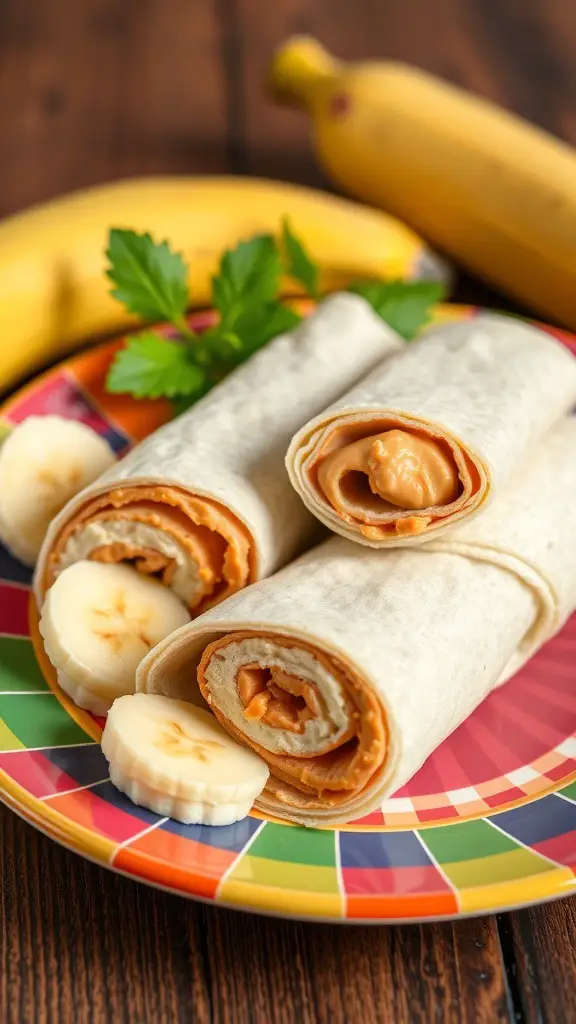 Peanut butter and banana wraps on a colorful plate with banana slices